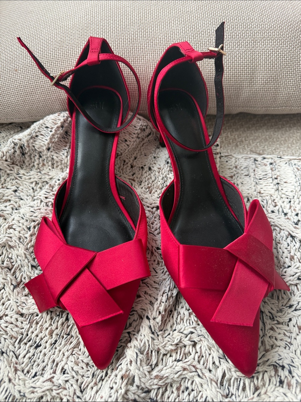 H&M Red Satin Pointed-Toe Ankle-Strap Heels with Knot Detail